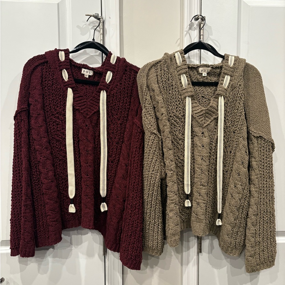 Set of Women's Cable Knit Sweaters- Burgundy and Olive- POL (M)